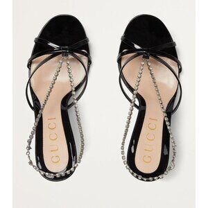 NEW Gucci Crystal Chain Sandals EU 40.5 US 10.5 Black Heels Shoes